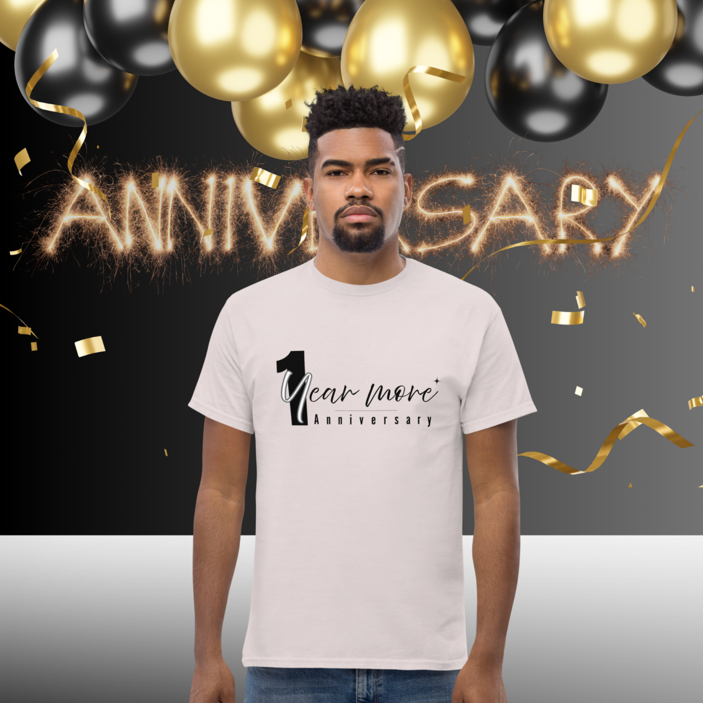 Man wearing 1 Year More Anniversary birthday t shirt with elegant black typography design, perfect outfit for adult birthday celebration and party event