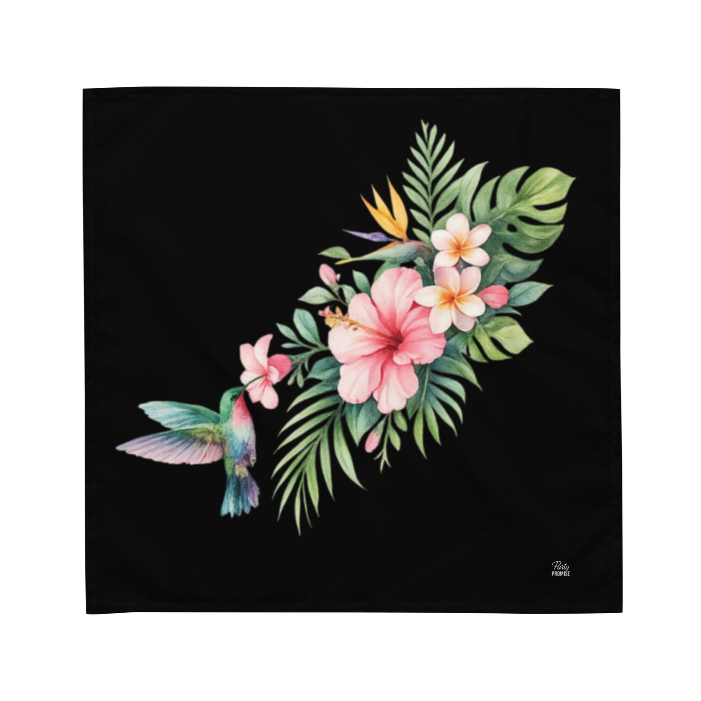 Bandana floral à plat avec illustration tropicale, accessoire EVJF polyvalent à porter en bandeau ou foulard.