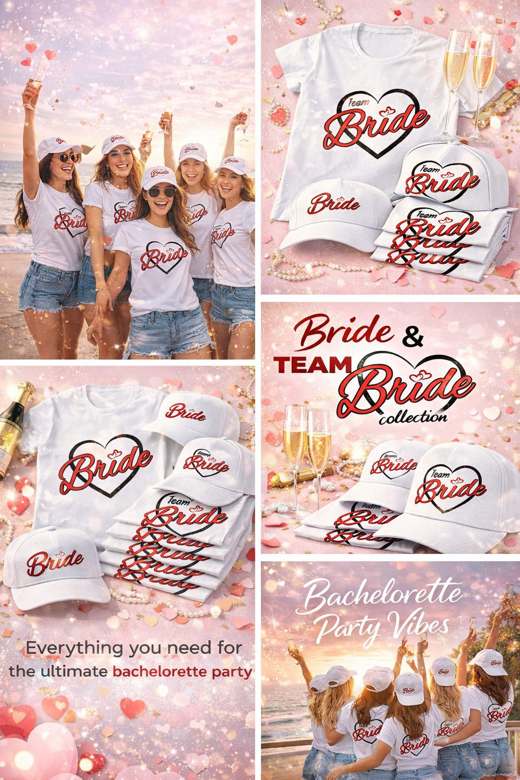 Bride and Team Bride bachelorette party collection with white t shirts and embroidered caps shown in beach celebration scenes, perfect outfits for EVJF and bridal party groups.