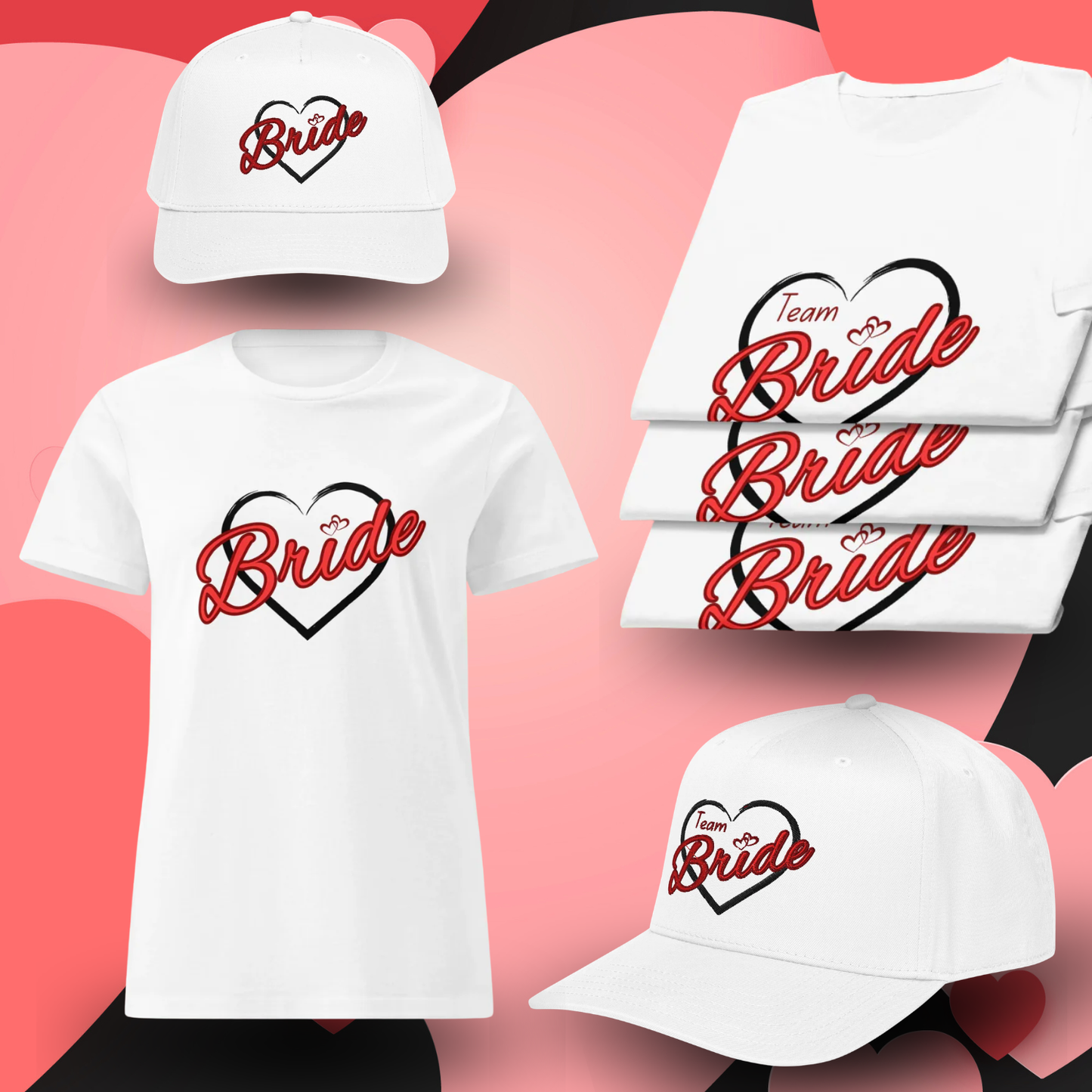 White Bride t shirt and embroidered Bride and Team Bride caps with heart design displayed together, perfect outfit set for EVJF and bachelorette party celebrations.