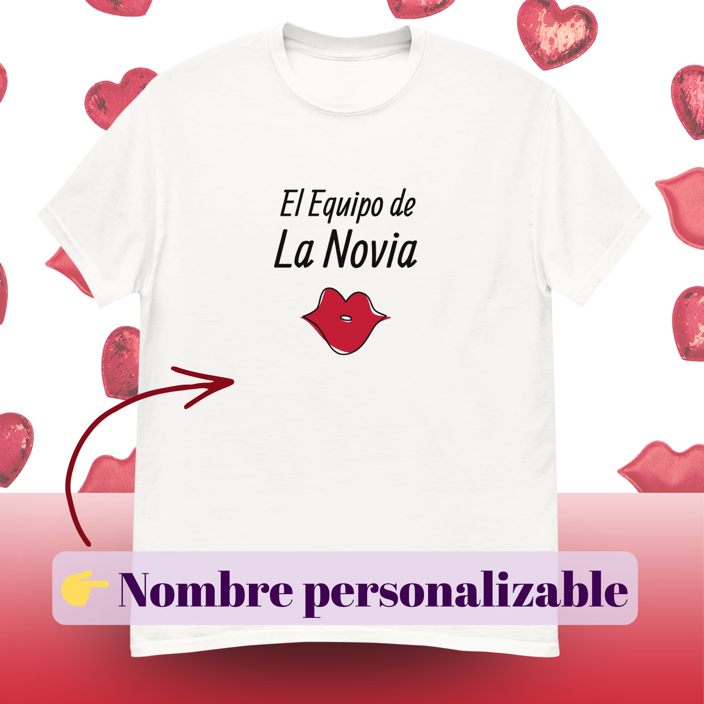 Camiseta Equipo de la Novia con diseno de labios rojos, ideal para despedida de soltera y bachelorette party, opcion de nombre personalizable para grupo de amigas blanco