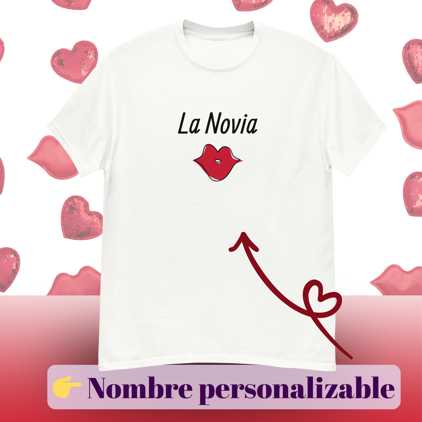 Camiseta La Novia azul claro con diseno de labios rojos, ideal para despedida de soltera y bachelorette party, prenda especial para la futura novia blanca