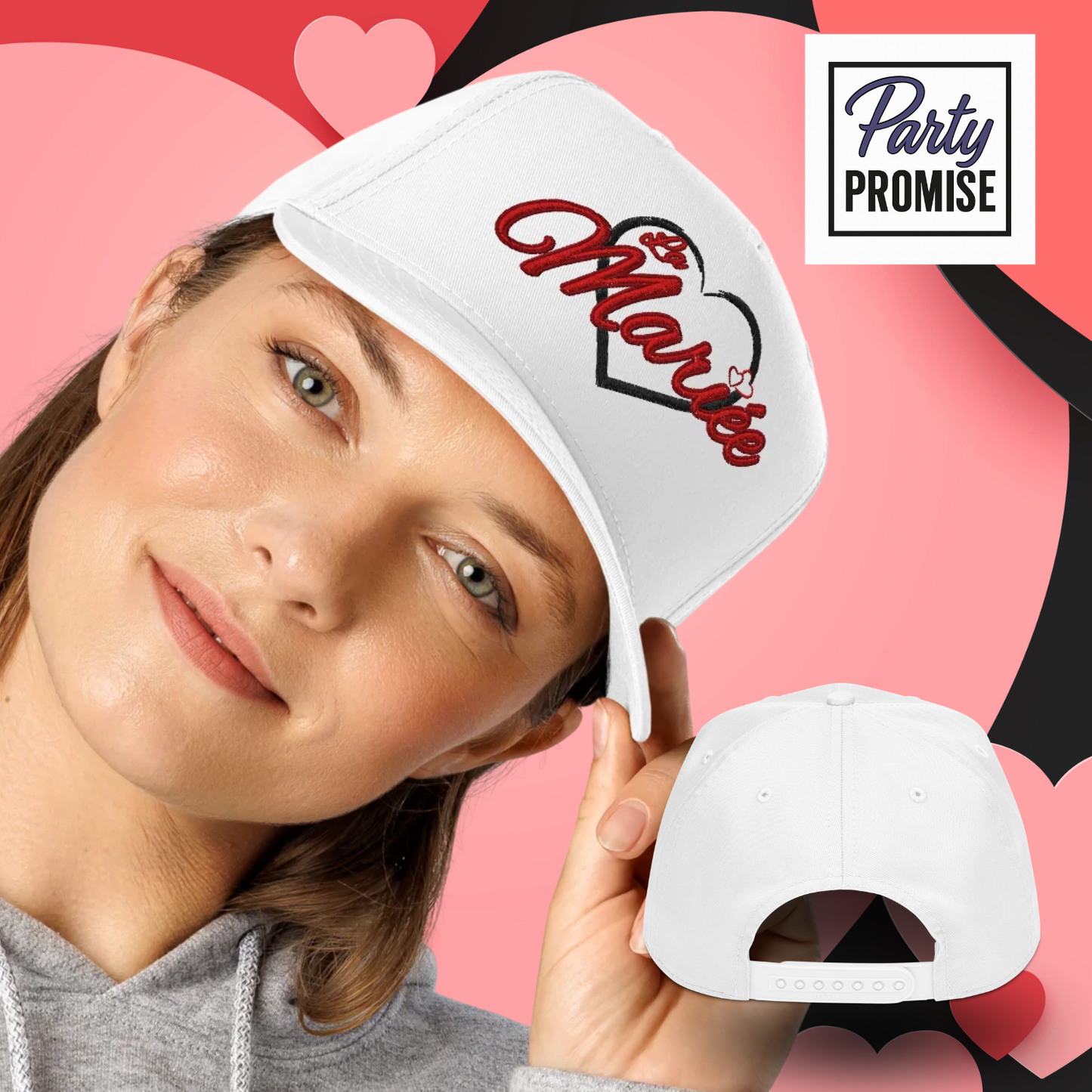 Casquette blanche La Mariee brodee avec coeur noir portee sur mannequin, accessoire tendance pour enterrement de vie de jeune fille et tenue future mariee.