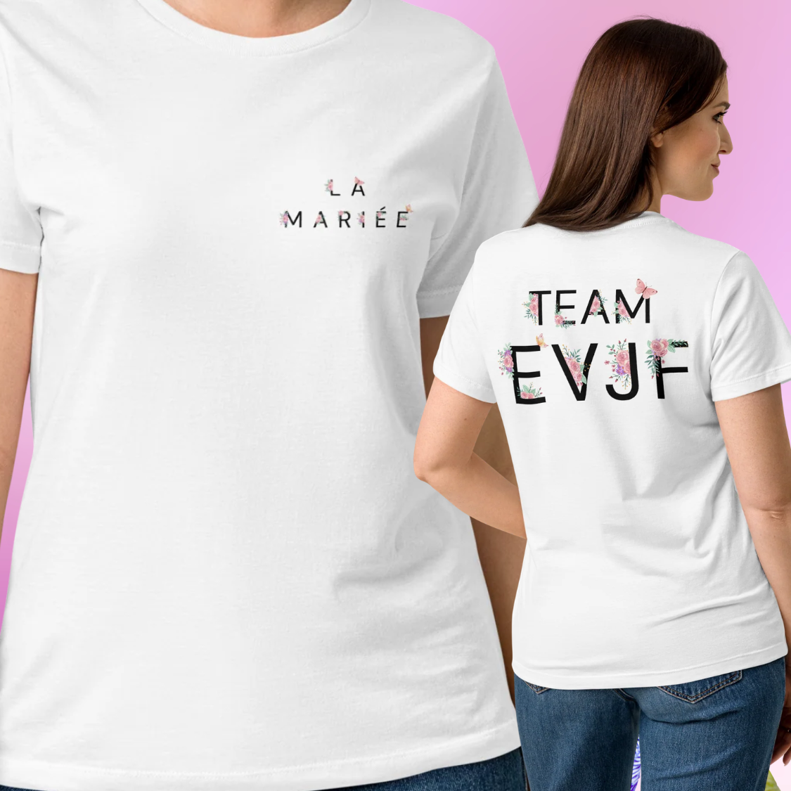 T shirts La Mariee et Team EVJF avec design floral assorti pour tenue coordonnee mariee et equipe lors dun EVJF.