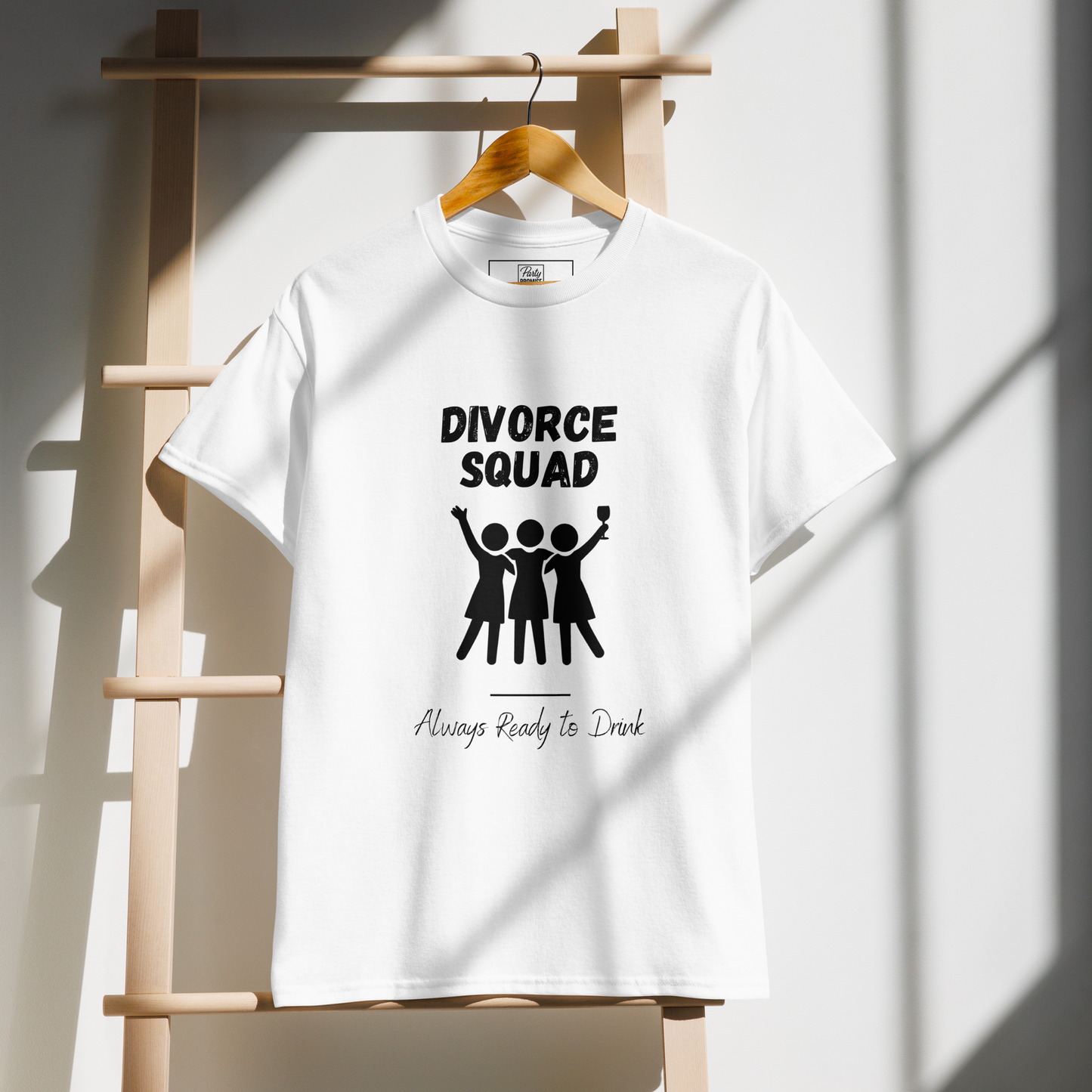 White Divorce Squad Always Ready to Drink t shirt hanging on rack, ideal funny shirt for divorce party celebration and newly single women.