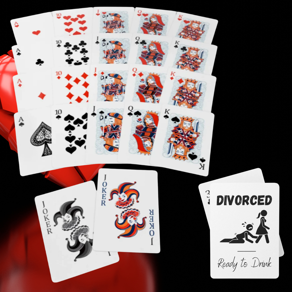 Full deck of Divorced Ready to Drink poker cards with custom design including jokers and standard cards, ideal funny game for divorce party or girls night.