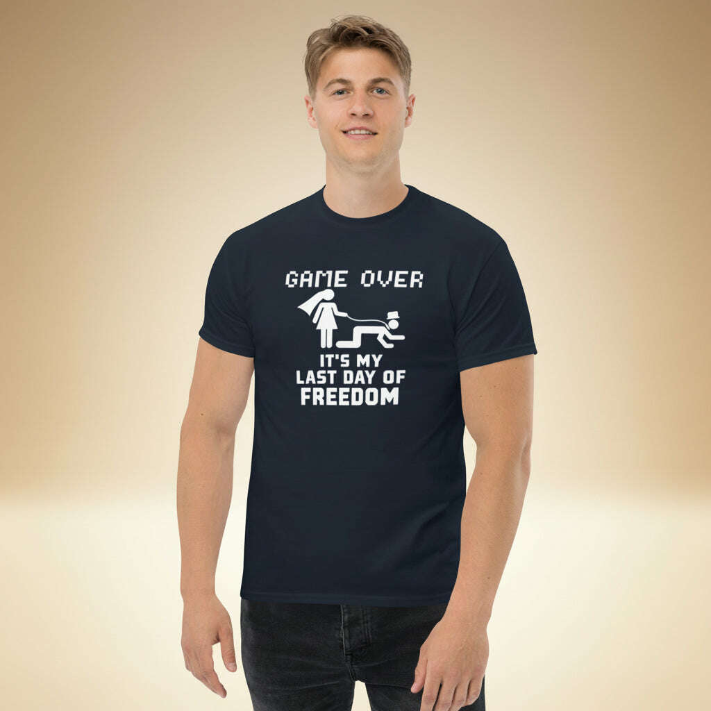 Burgundy Game Over bachelor party t shirt with funny last day of freedom graphic, groom outfit for bachelor party, EVG celebration and wedding weekend men navy