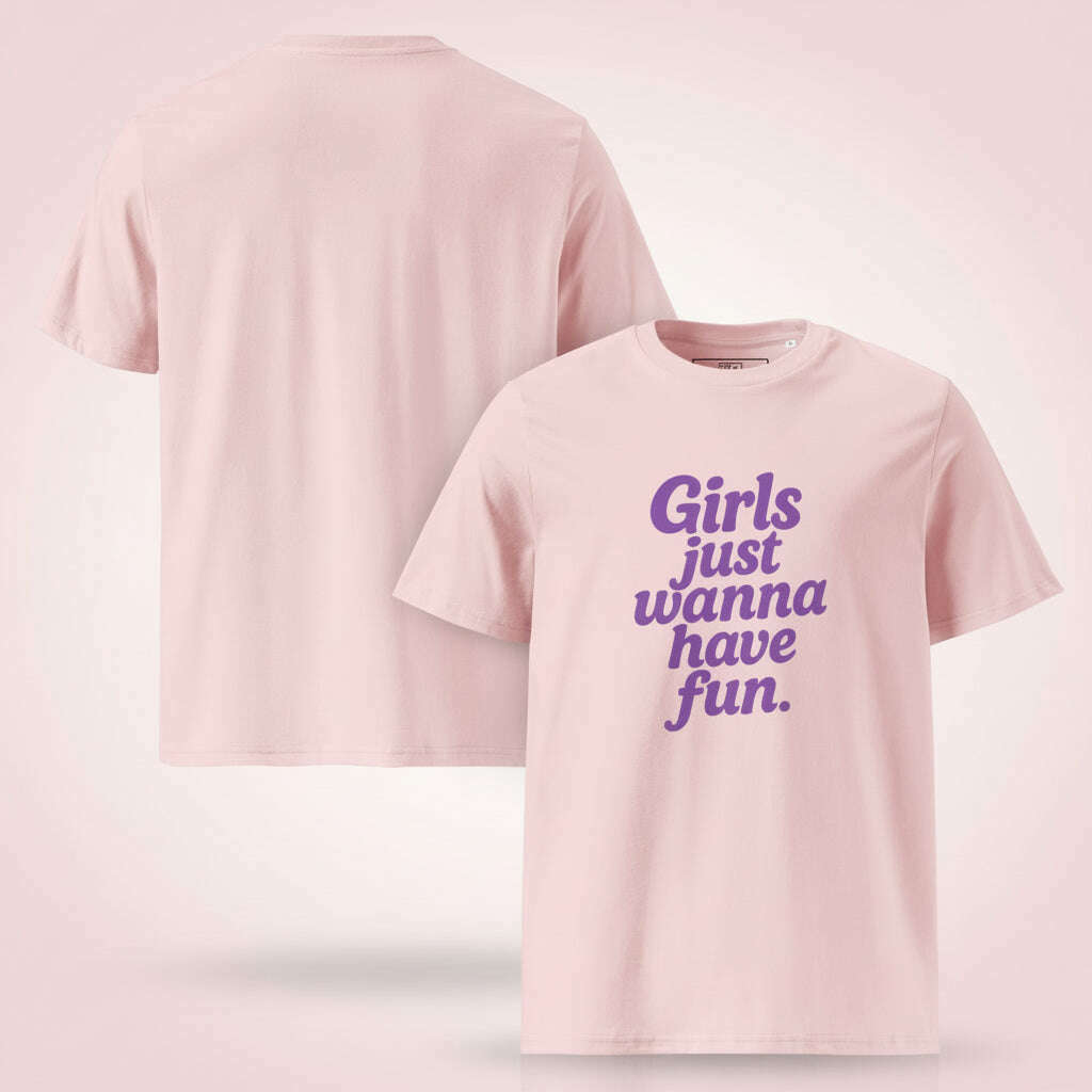Pink women’s t-shirt showing front and back view with purple “Girls Just Wanna Have Fun” slogan, perfect for girls night or fun celebration outfit.