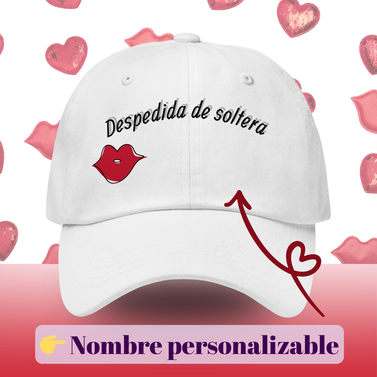 Gorra blanca personalizada para despedida de soltera con nombre editable y diseno de labios rojos, accesorio ideal para equipo de la novia y bachelorette party blanca