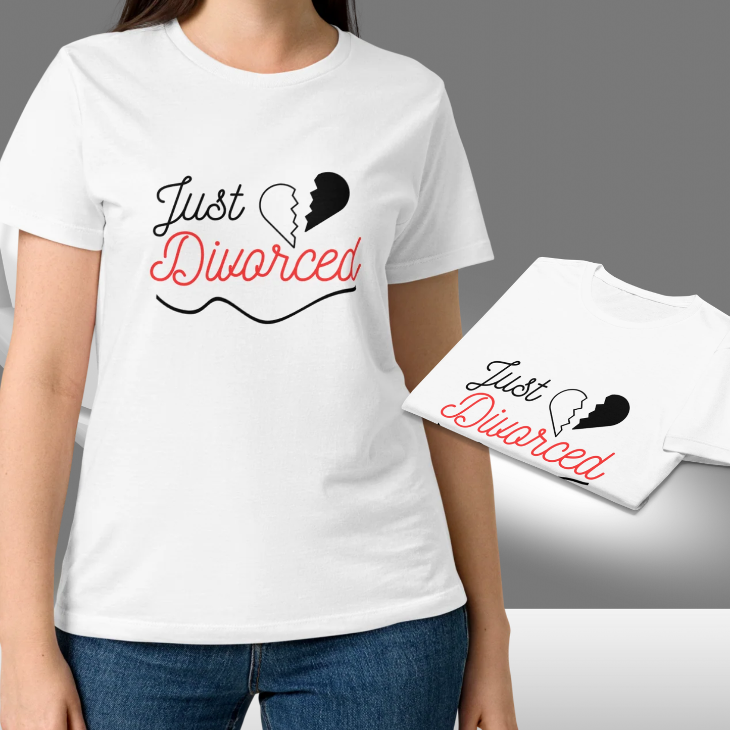 White Just Divorced t shirt with red and black lettering worn with jeans, perfect funny outfit for divorce party or newly single celebration.
