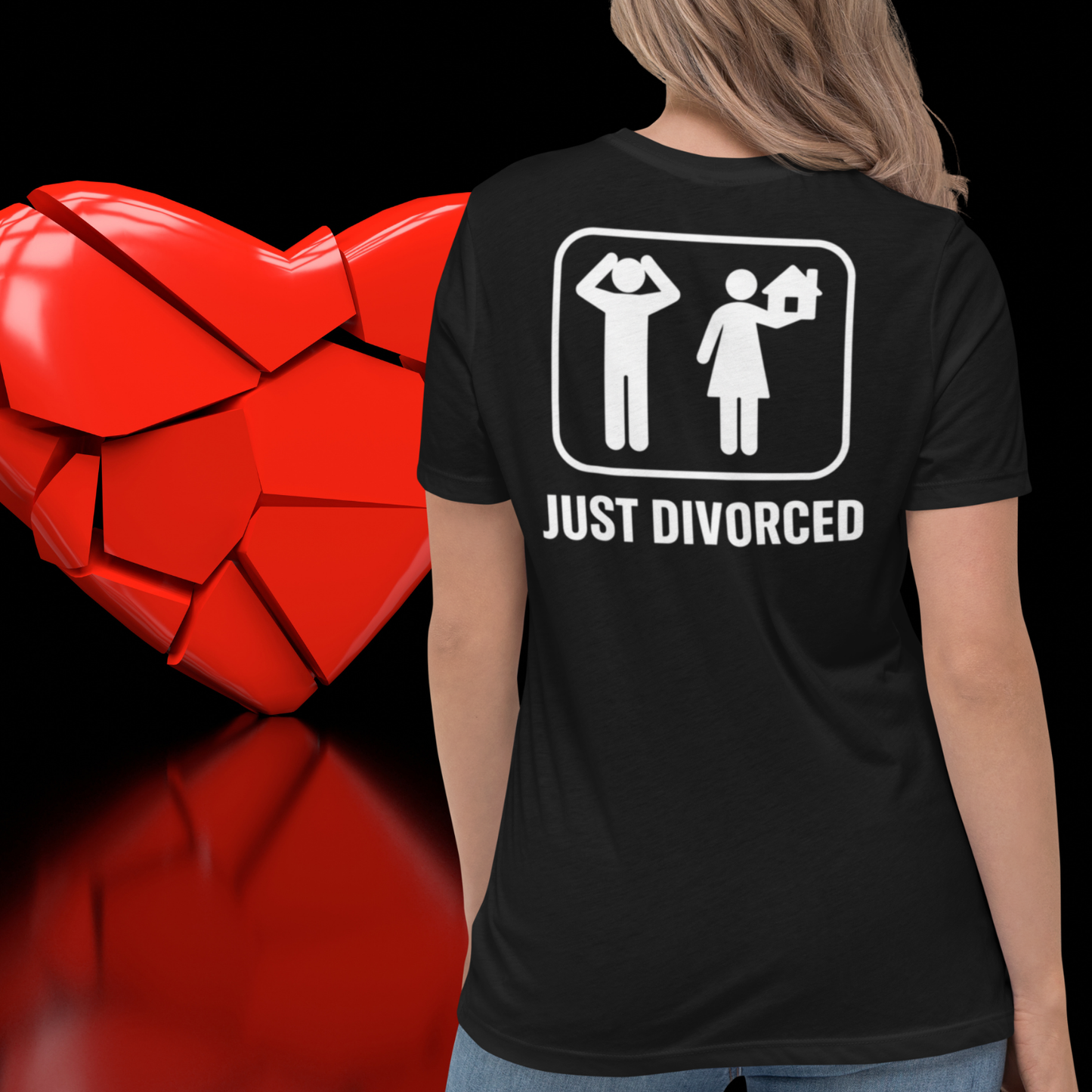 Back view of a Just Divorced t shirt with broken heart background, bold statement shirt ideal for a divorce party or newly single milestone black.
