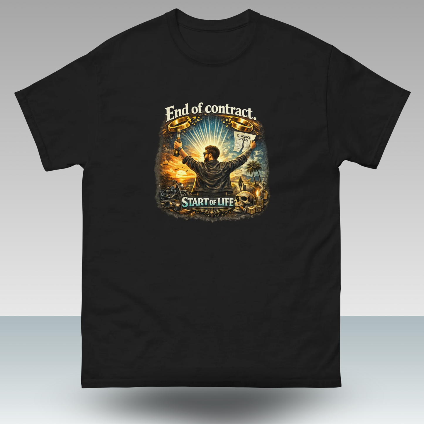 Front view of black men’s t-shirt featuring “End of Contract. Start of Life.” divorce celebration graphic.