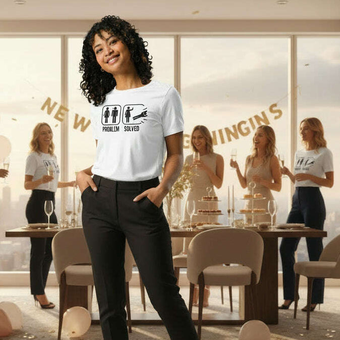 Back view of a white Problem Solved divorce t shirt with minimalist design, funny outfit ideal for a freedom party or divorce celebration white.