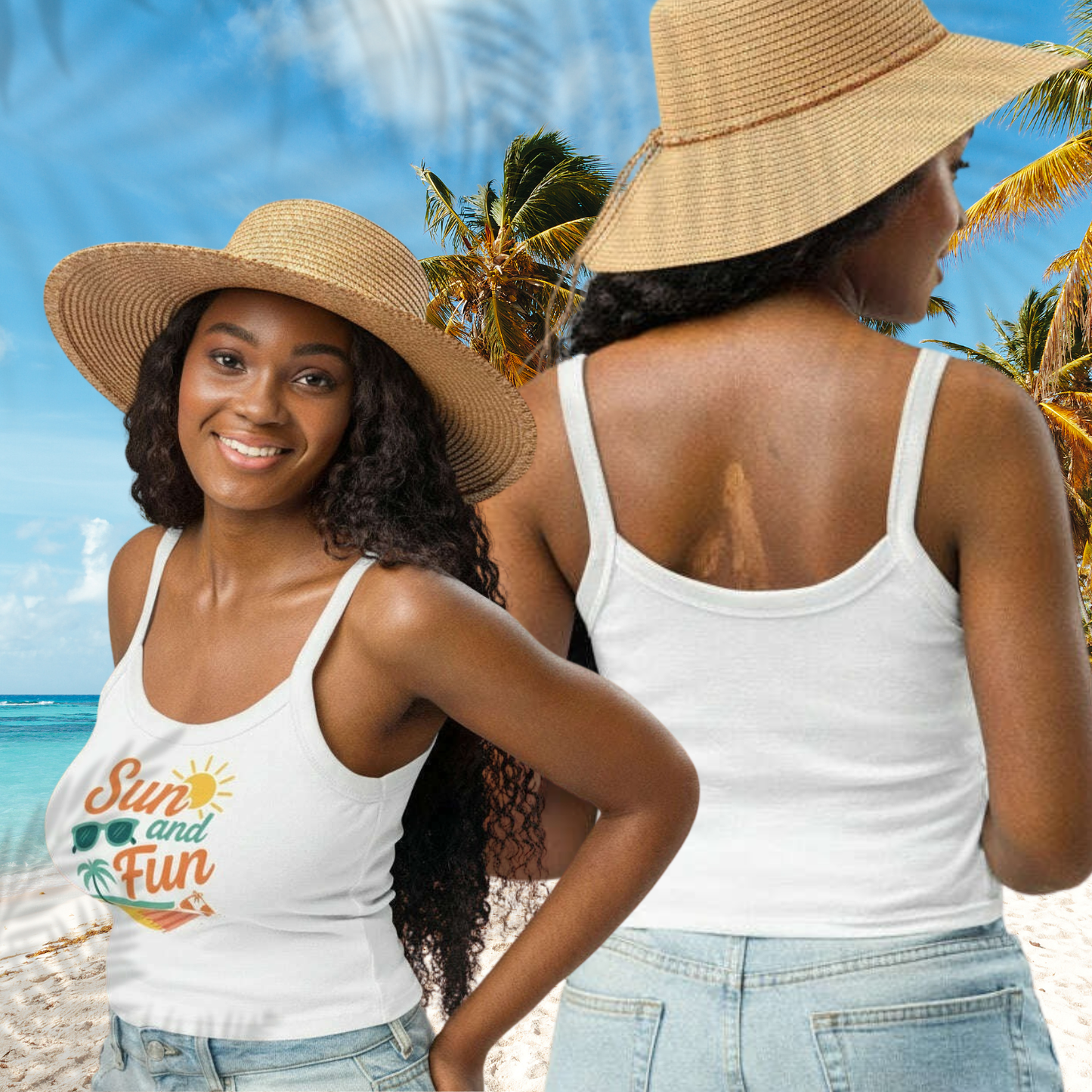 Back and side view of white Sun and Fun racerback tank top worn on tropical beach perfect for warm weather vacation and girls getaway White