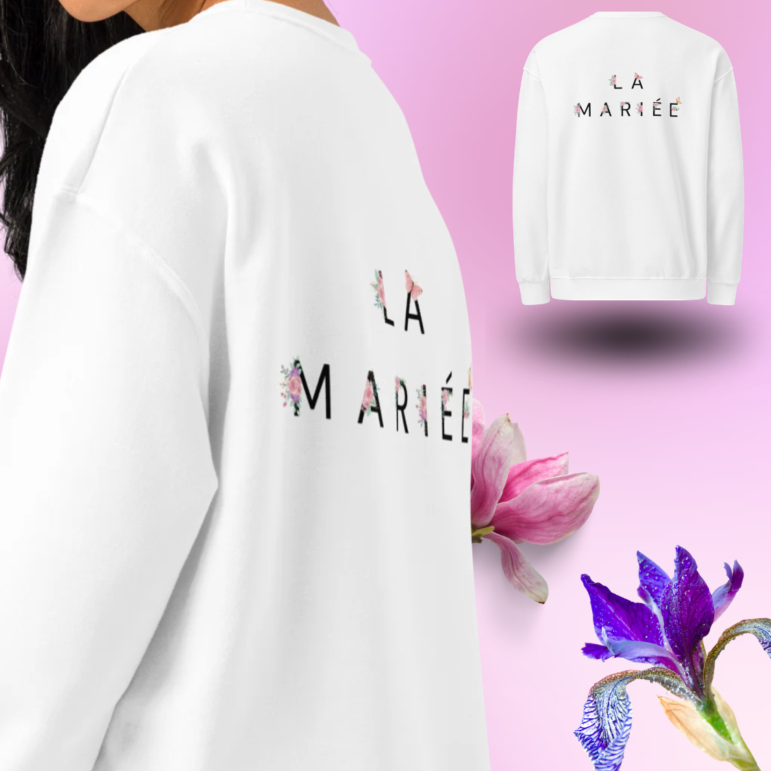 Sweat blanc La Mariee avec design floral au dos porte sur mannequin, tenue ideale pour future mariee lors dun enterrement de vie de jeune fille.