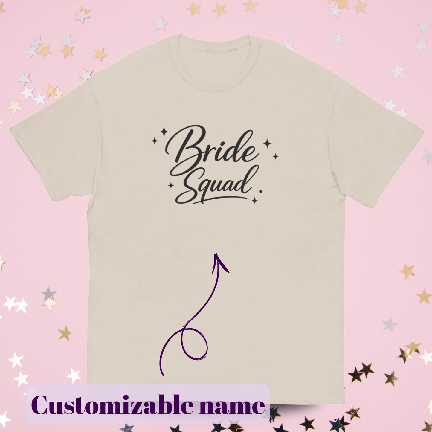 T_Shirt_Bride_Squad_Naturel_presente a plat .Personnalisable avec le nom de la mariee_EVJF_equipe_de_la_Mariee