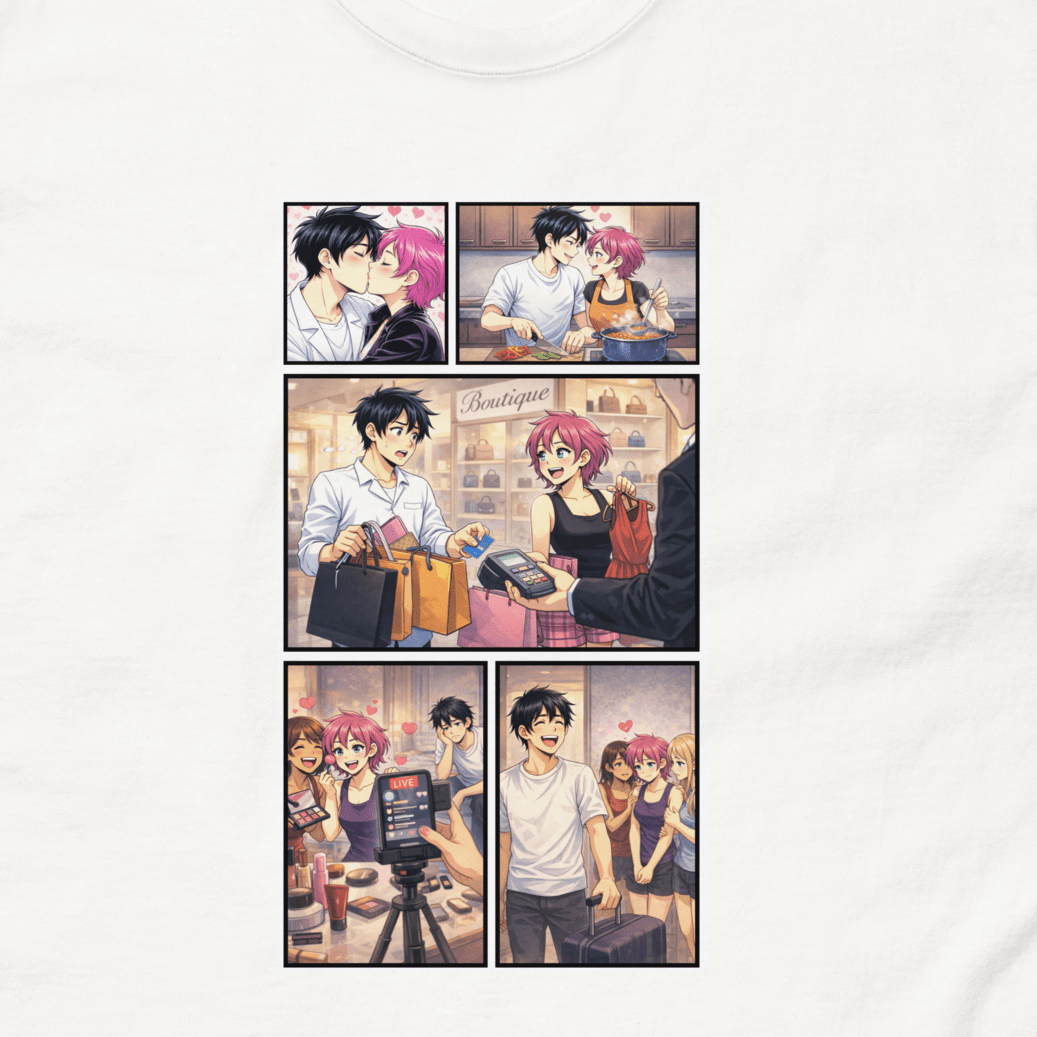 T-shirt blanc Divorce Party présenté en situation, mettant en avant le visuel pop art coloré. Idéal pour une soirée “Libre officiellement” ou événement célébrant un nouveau départ.