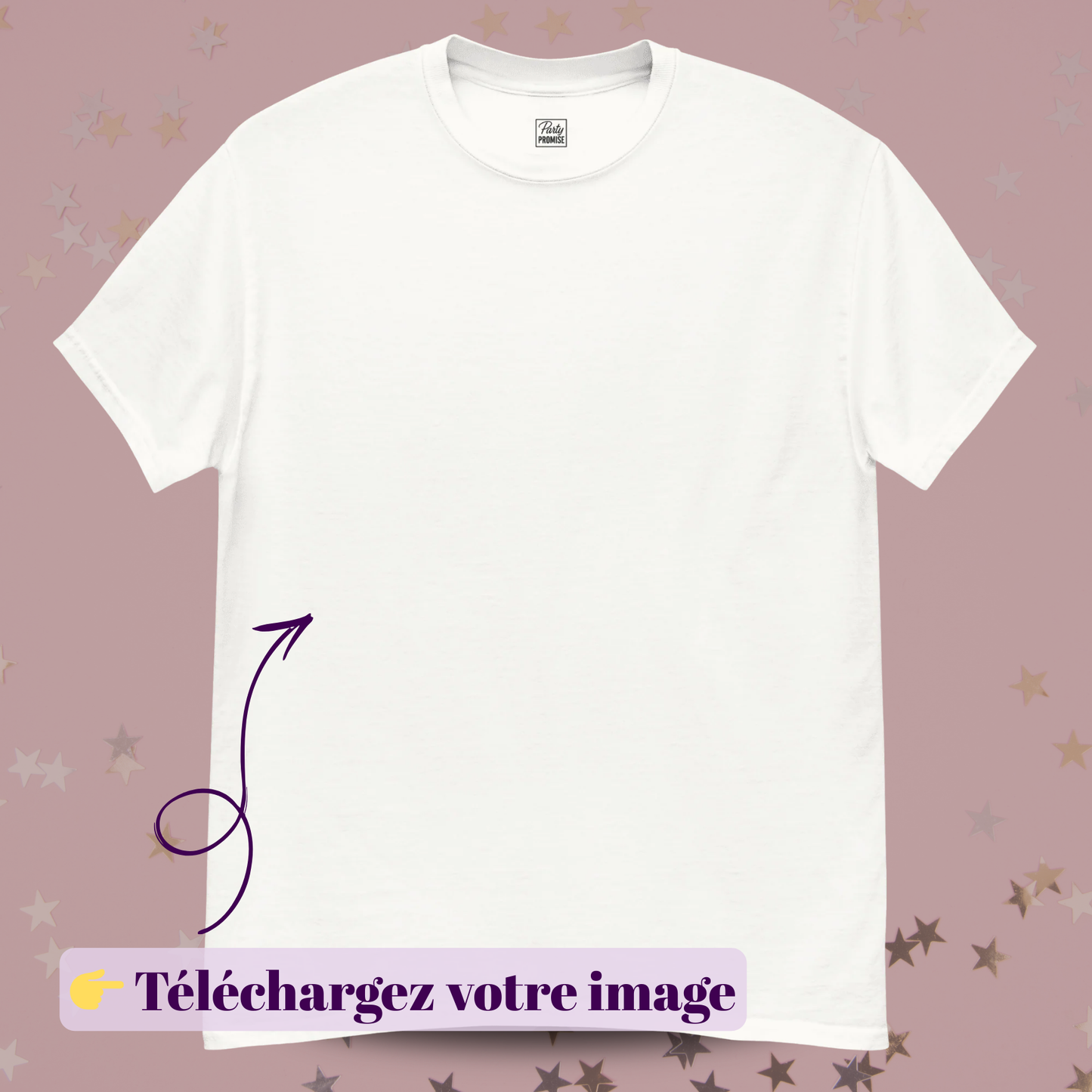 T-shirt personnalisable avec zone pour télécharger votre image, idéal pour EVJF, fêtes d’anniversaire, événements professionnels, mariages et créations sur mesure — blanc