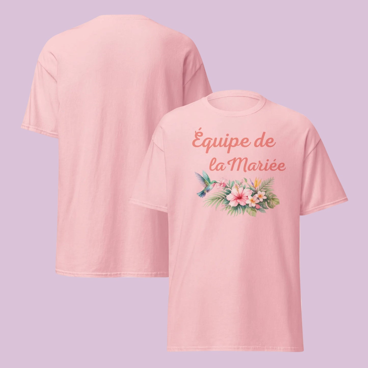 T-shirt Équipe de la Mariée rose pâle avec design floral, t-shirt EVJF féminin et harmonisé pour Team Bride.