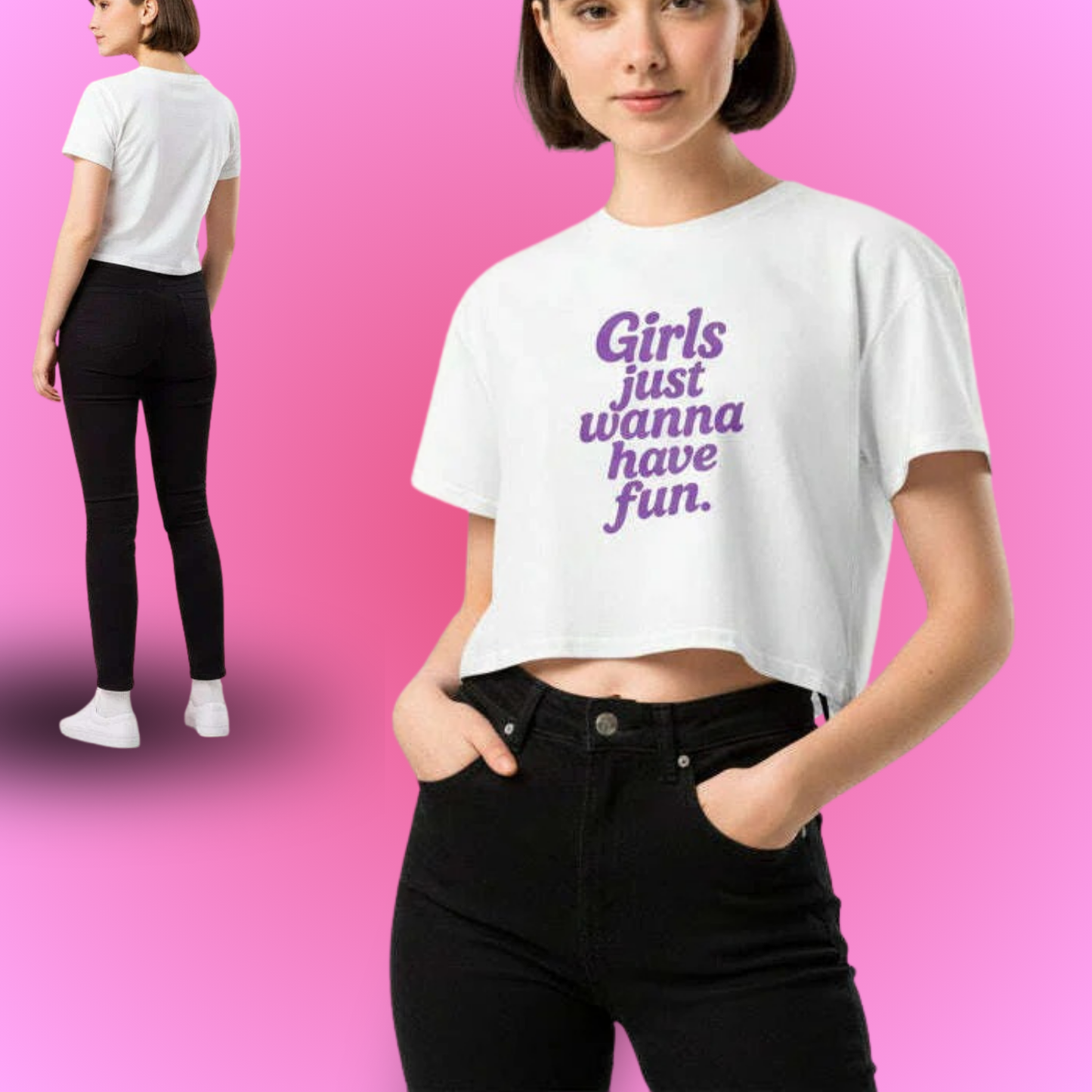 Femme portant un t shirt blanc Girls Just Wanna Have Fun avec message violet, tenue tendance pour fete entre filles et moment girl power blanc.