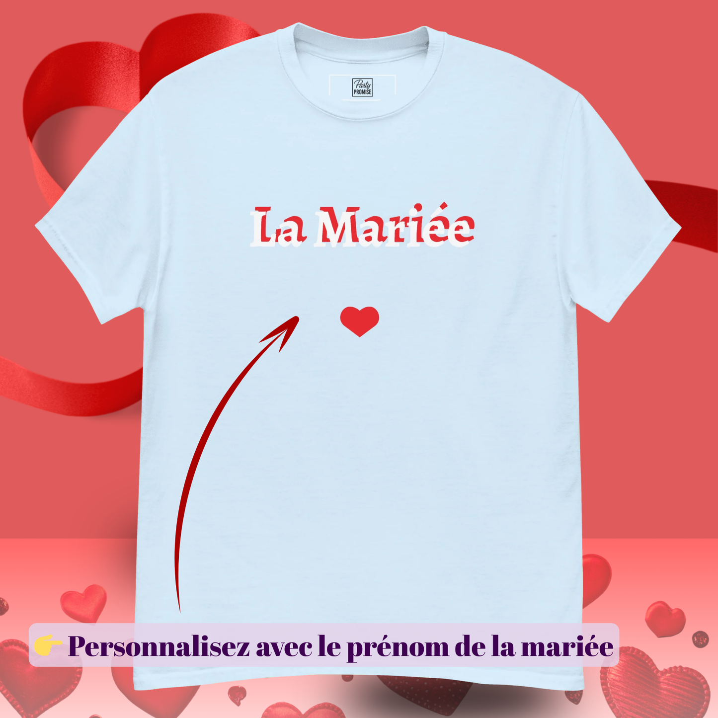 T-shirt noir La Mariee avec zone de personnalisation pour ajouter le prenom, ideal pour EVJF, fete de mariage et look coordonne de la mariee — bleu ciel