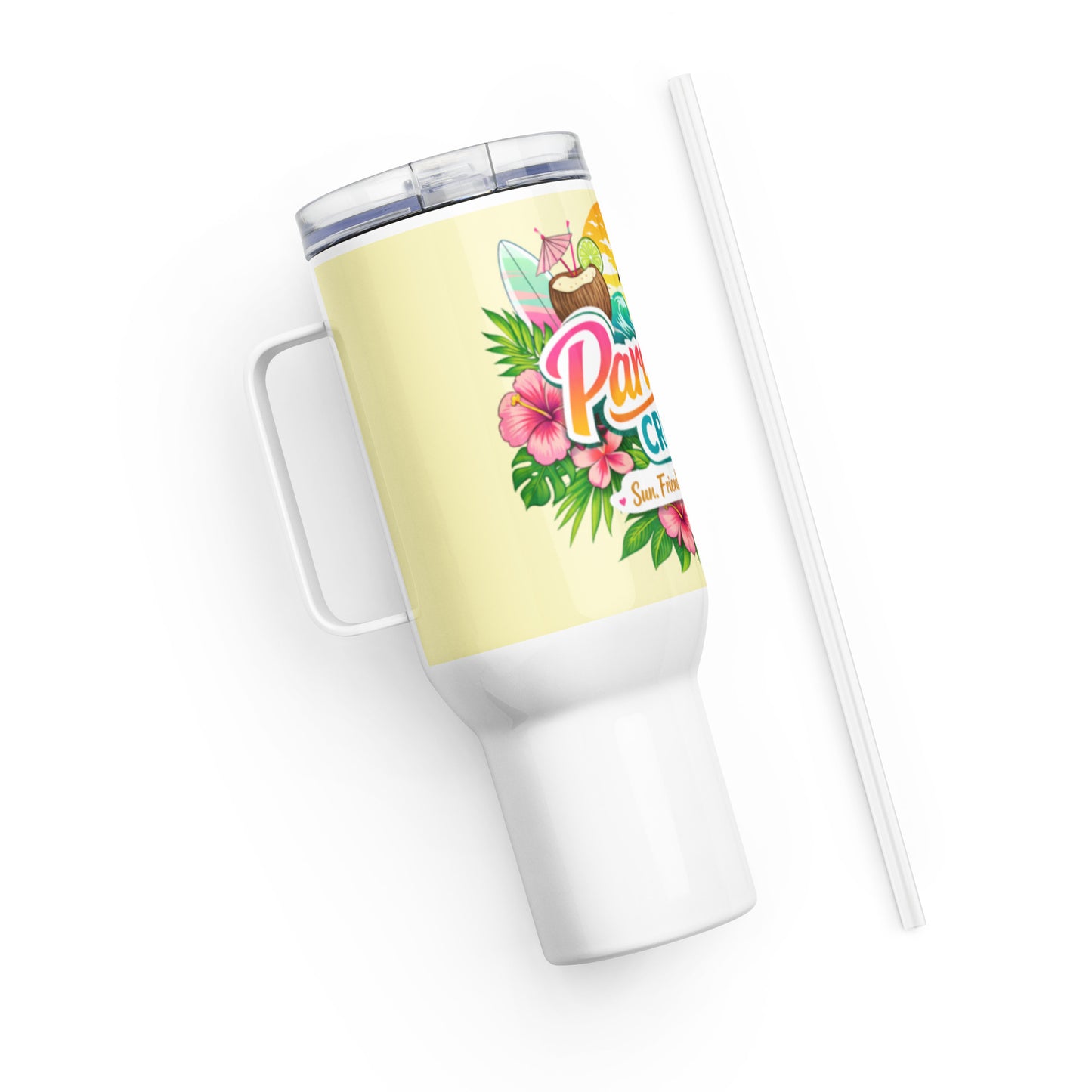 Tasse de voyage Paradise Crew 25 oz en acier inoxydable, format compact adapté aux porte-gobelets de voiture, design tropical coloré.