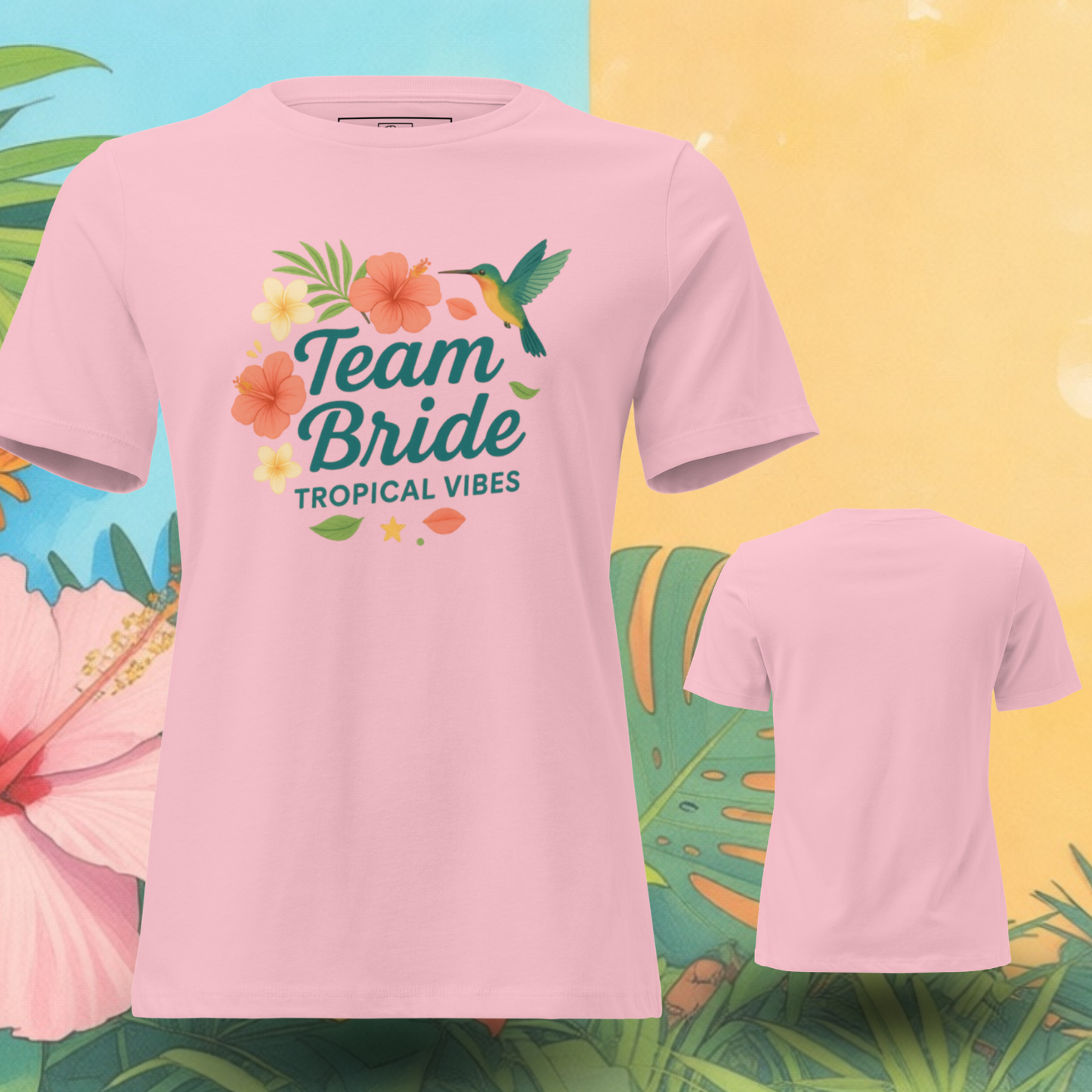 Pink Team Bride Tropical Vibes t-shirt with tropical flowers and leaves, fun summer outfit for beach bachelorette party, girls trip or bridal celebration.