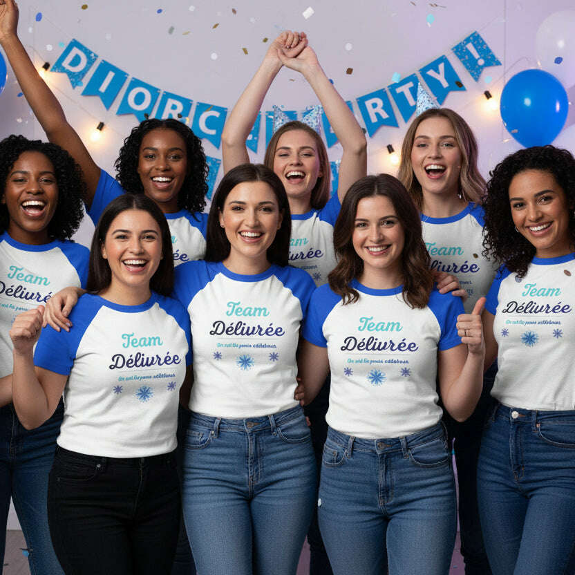 Femmes portant des t shirts Team Delivree lors dune celebration Divorce Party, ambiance festive et soiree entre amies.
