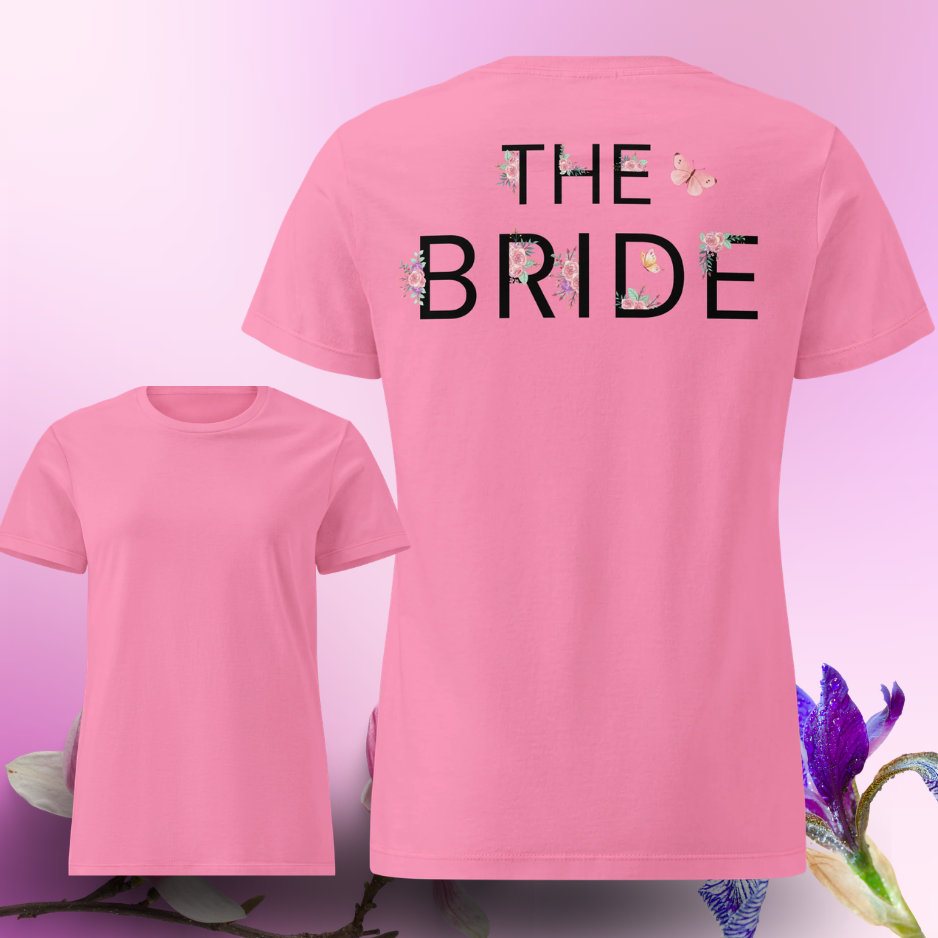 Pink The Bride t shirt with floral design on the back and plain front, perfect for bride during bachelorette party celebrations.