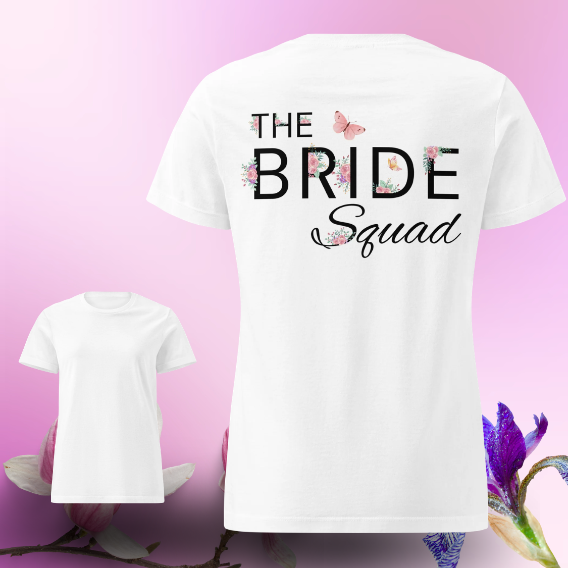 White The Bride Squad t shirt with floral back lettering and plain front, ideal matching outfit for bride squad during bachelorette party celebrations.