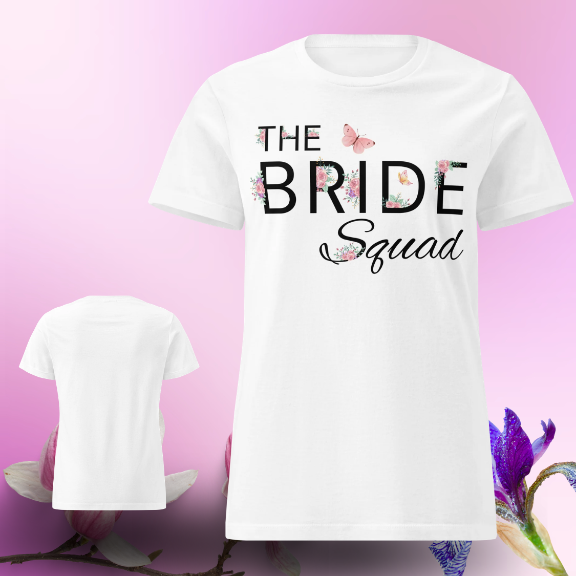 White The Bride Squad t shirt with floral lettering on the front and plain back, perfect for bride squad during wedding weekend or bachelorette party.