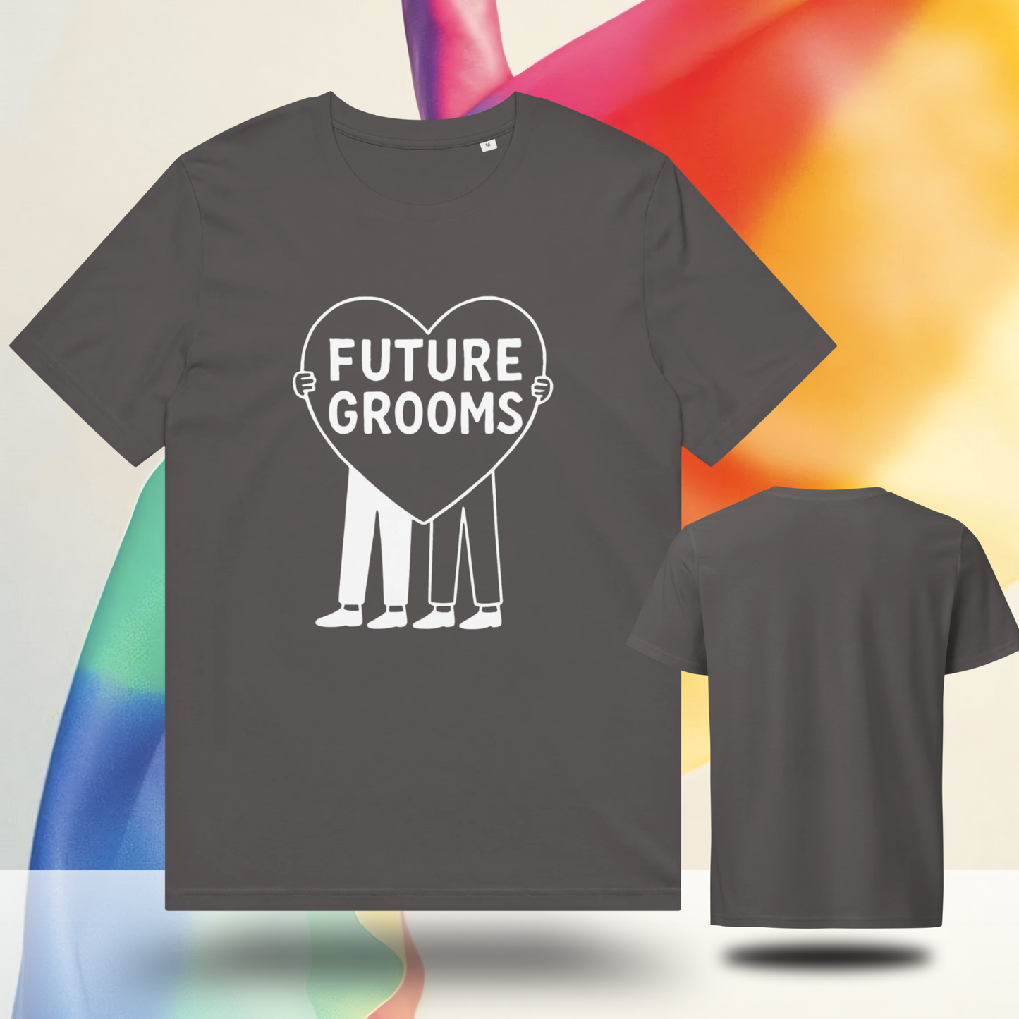 Grey future grooms t-shirt model shown with front and back views on an artistic background