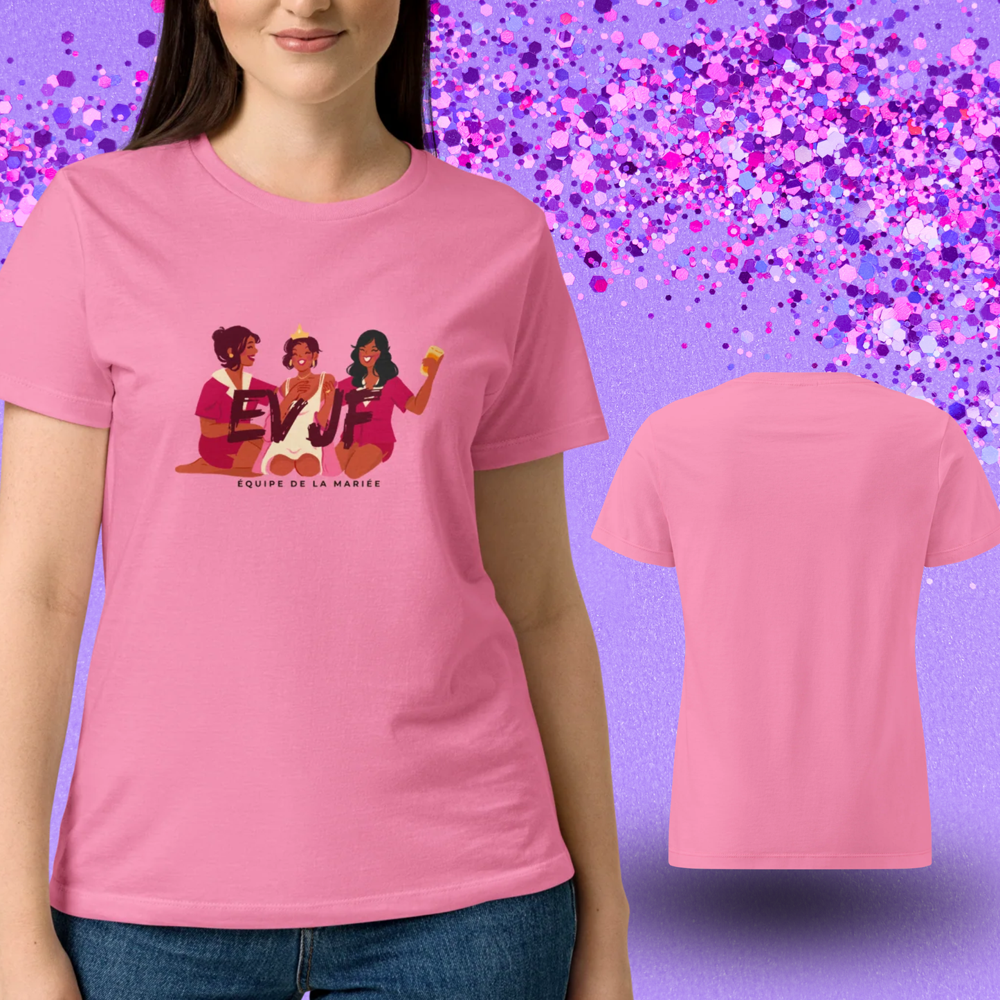 Presentation face et dos du t-shirt rose equipe de la mariee avec design moderne pour temoins et amies