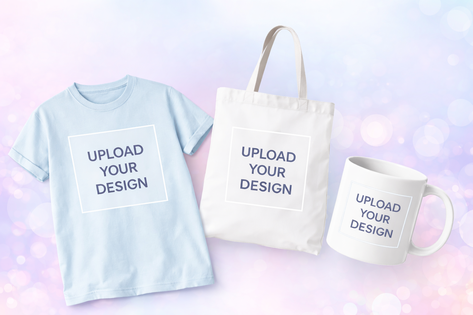 Customizable t-shirt, tote bag and mug with blank design area ready for upload on pastel background