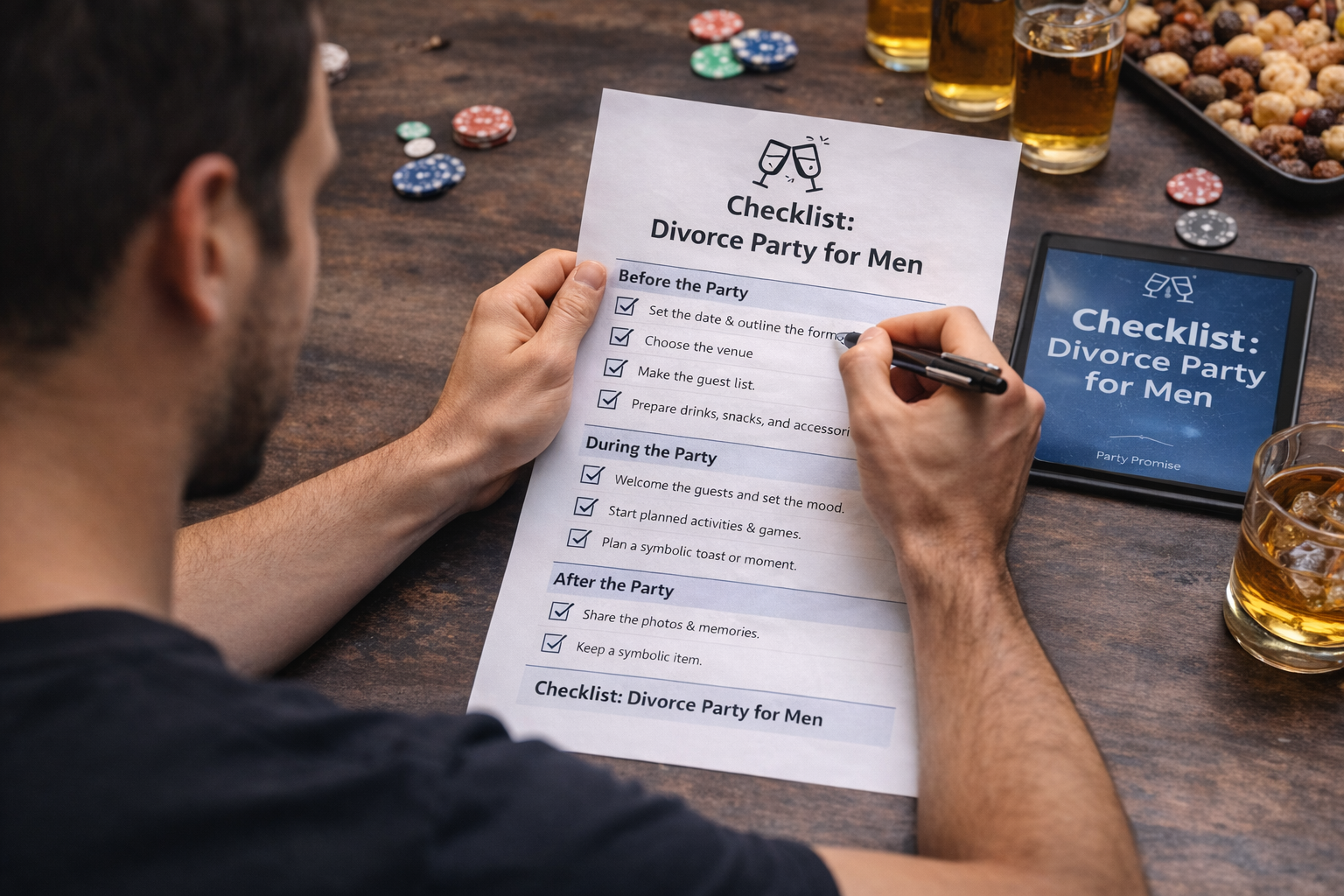Overhead view of a man checking a printed “Divorce Party for Men” checklist at a wooden table with drinks, snacks, and poker chips, preparing an event to celebrate a new chapter.