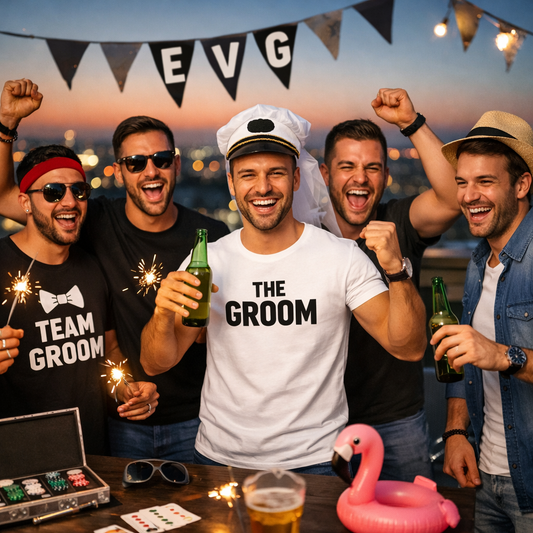Groupe d’amis célébrant un enterrement de vie de garçon avec t-shirts EVG personnalisés lors d’une soirée festive