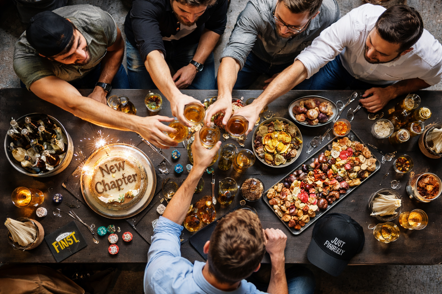 Vue du dessus d’un groupe d’hommes levant leurs verres autour d’une table lors d’une fête de divorce, célébrant un nouveau départ dans une ambiance conviviale et élégante.