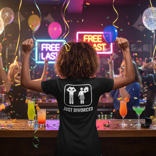 Femme souriante portant un t-shirt Divorce Party pour célébrer un nouveau départ