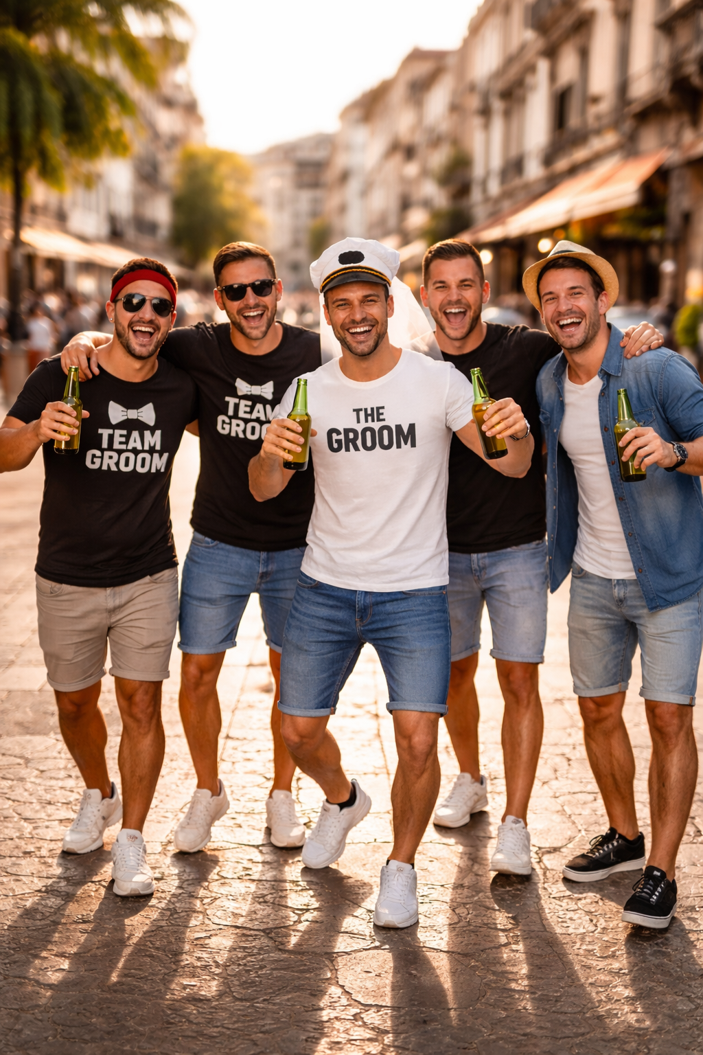 Groupe d’amis en week-end EVG lors d’un voyage festif, portant des t-shirts EVG assortis dans un cadre urbain et convivial