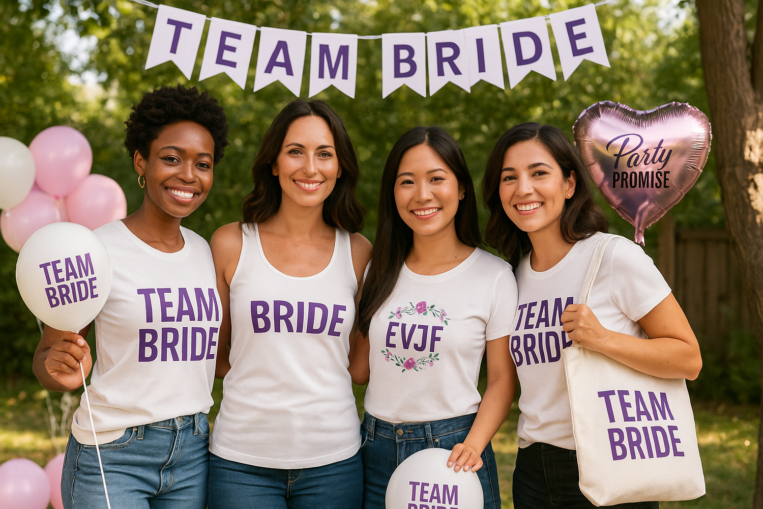 Group of diverse women celebrating outdoors wearing Team Bride, Bride, and EVJF outfits, standing under a ‘TEAM BRIDE’ banner.