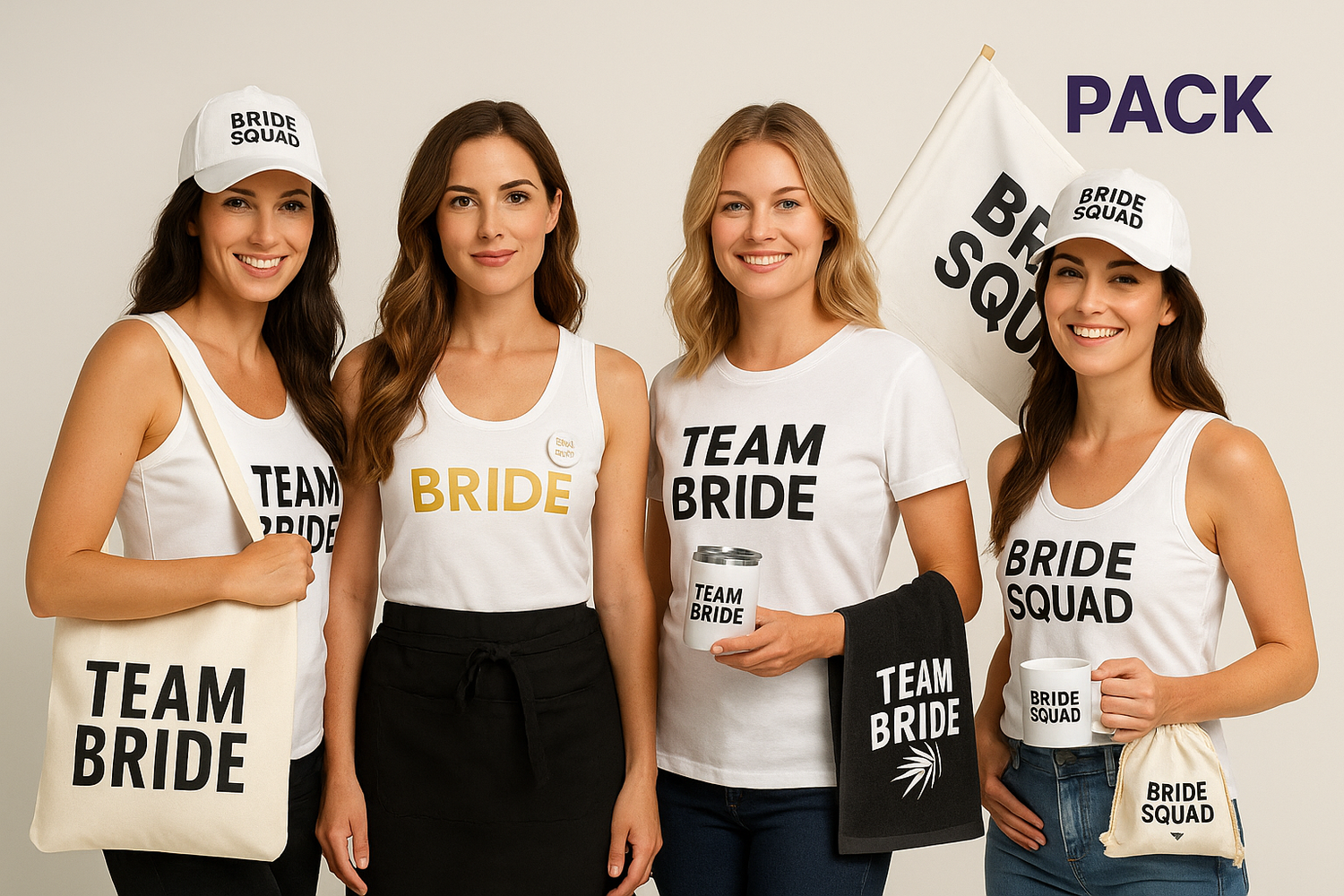 Group of women from different backgrounds wearing coordinated outfits from the “EVJF International Pack,” celebrating in a travel-inspired setting with a modern, global vibe.