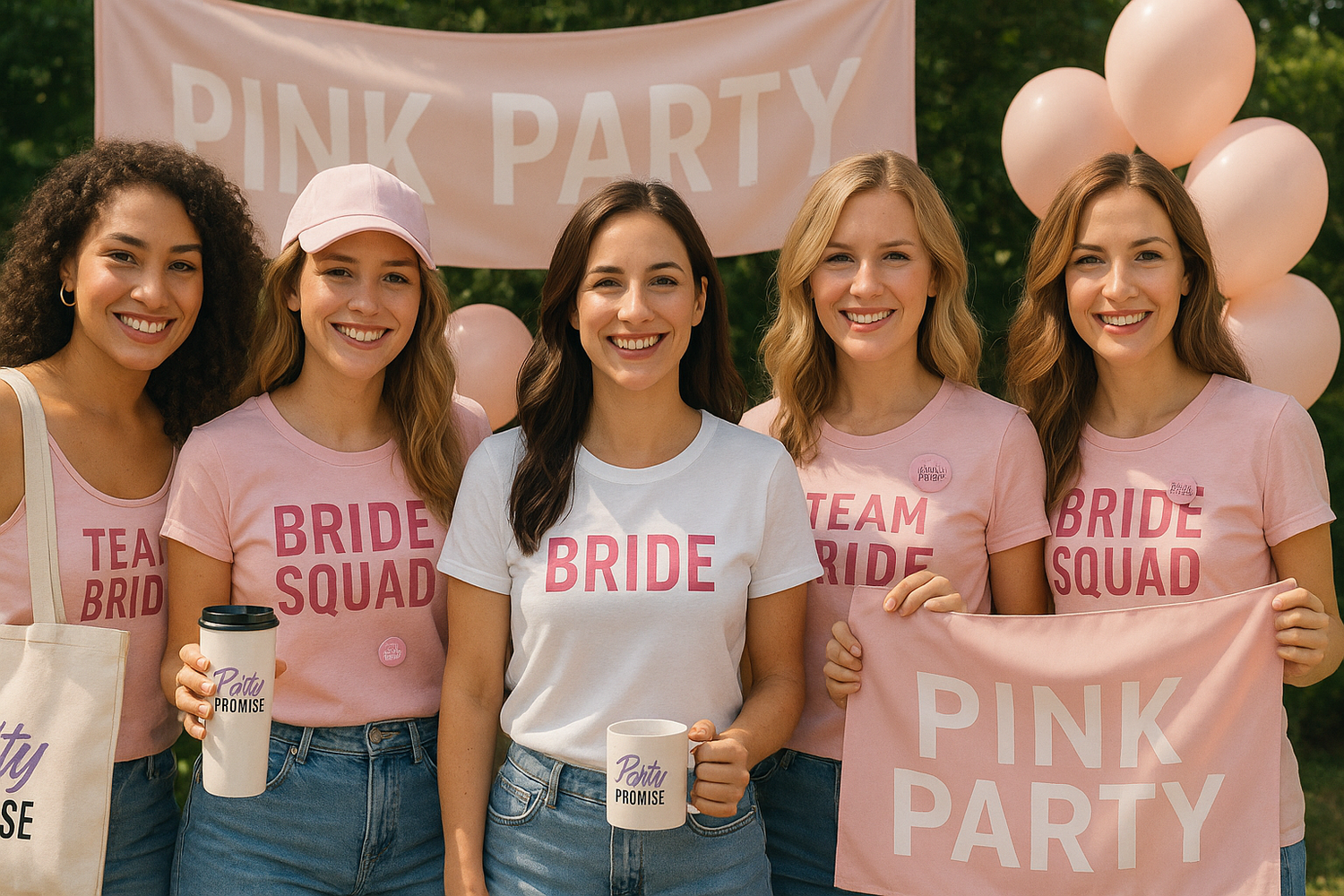 Group of women celebrating in a vibrant pink-themed setting, wearing coordinated pieces from the “Pink Party” collection, with a fun and glamorous atmosphere.