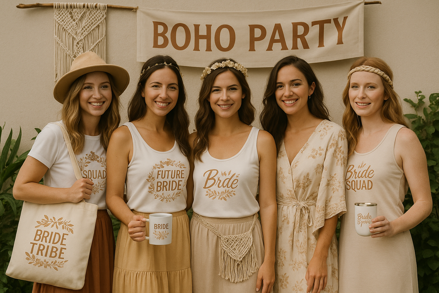 Group of women in a soft, bohemian-inspired setting wearing coordinated pieces from the “Boho Chic” collection, featuring natural tones, relaxed silhouettes, and a warm outdoor vibe.