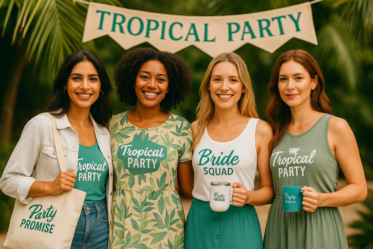 Group of women in a vibrant, tropical-inspired setting wearing coordinated pieces from the “Tropical – Collection Escapade Lumineuse,” featuring bright colors, exotic patterns, and a warm vacation vibe.