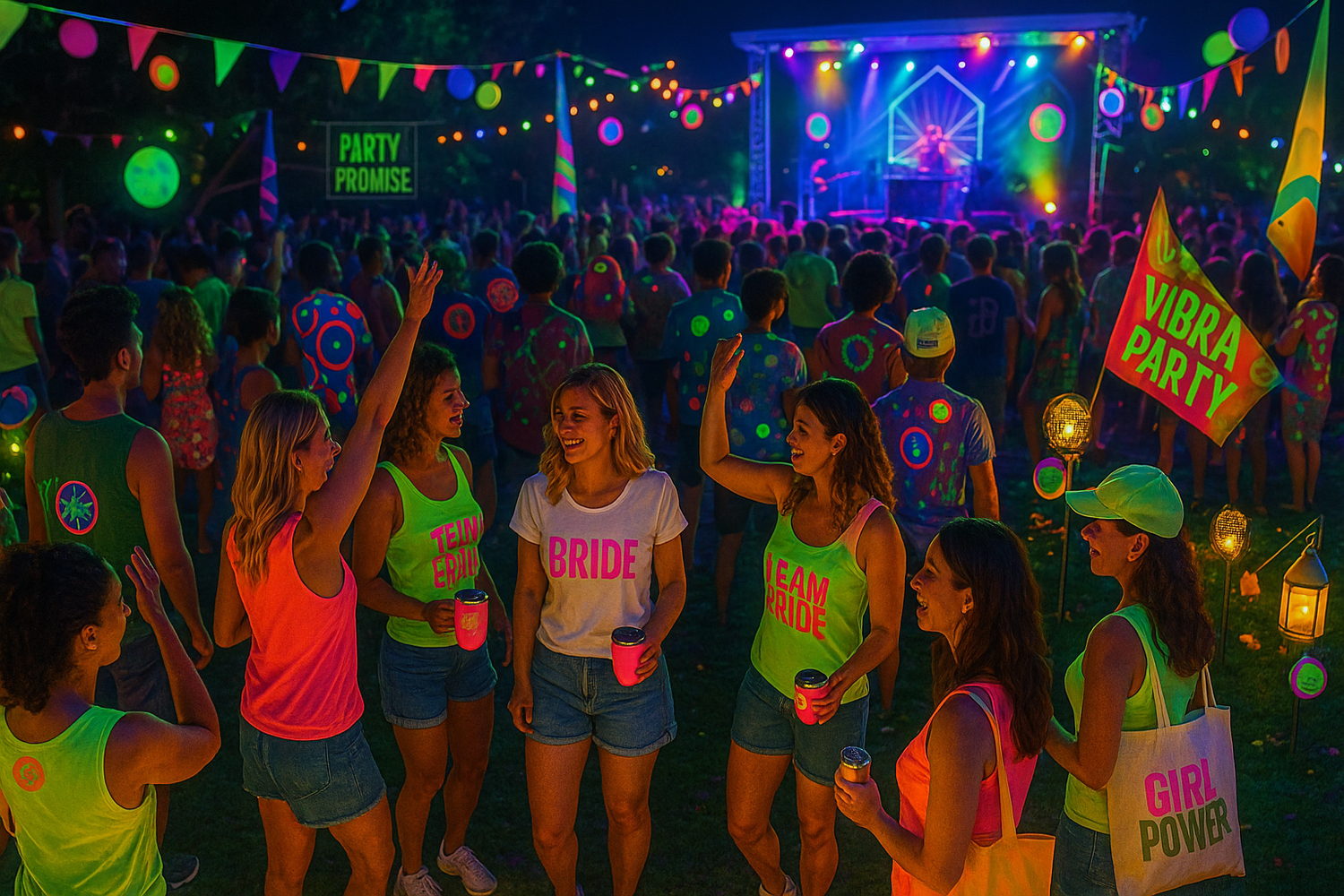 Neon Festival Bachelorette Party – Vibrant Team Bride Celebration by Party Promise