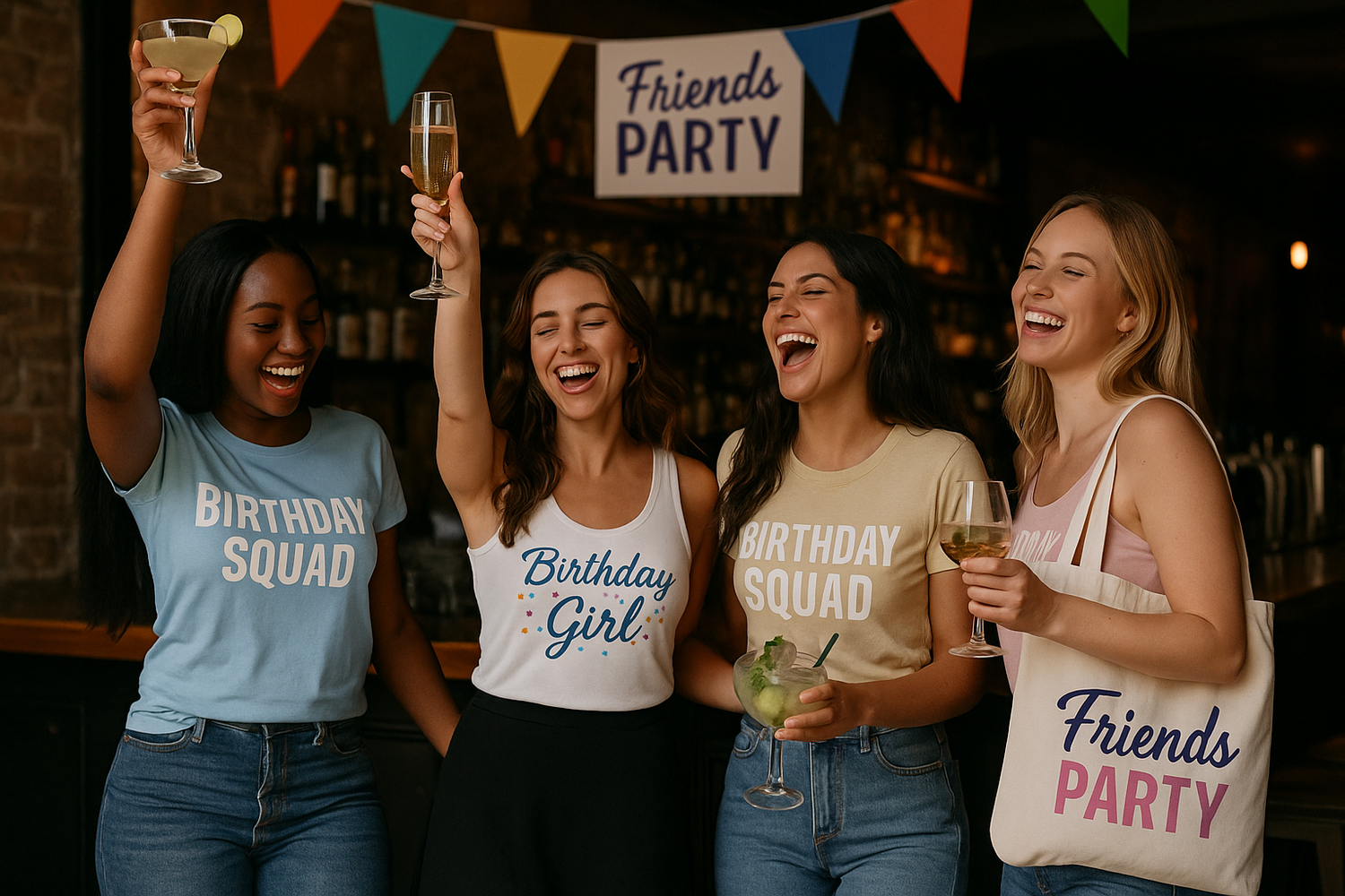 Group of women celebrating in a bright birthday-themed setting, wearing coordinated pieces from the “Anniversaire Party – Collection Celebrate,” with a fun, colorful and festive atmosphere.