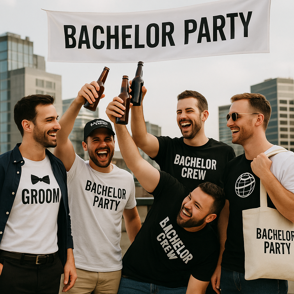 Group of men celebrating in a modern bachelor-themed setting, wearing coordinated pieces from the “EVG – Collection Bachelor Crew,” showcasing bold designs and a fun, energetic vibe.