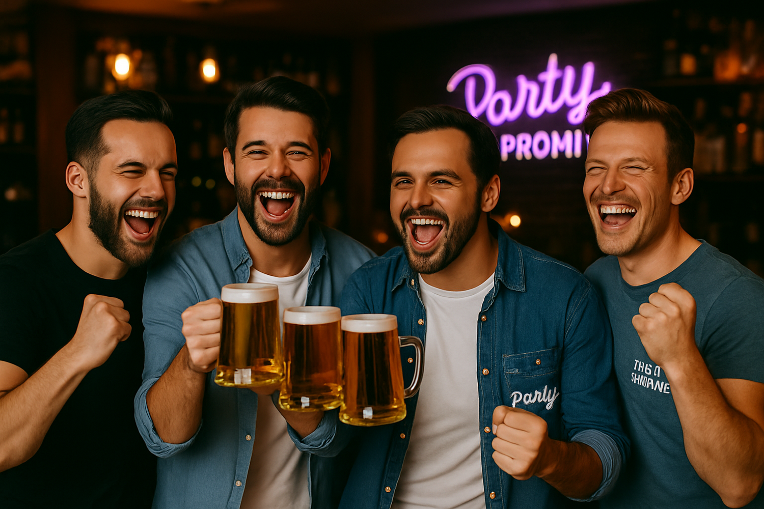 Group of friends in a relaxed, modern setting wearing coordinated pieces from the “Soirée Entre Potes – Collection Chill & Fun,” showcasing casual designs and a friendly, energetic atmosphere.