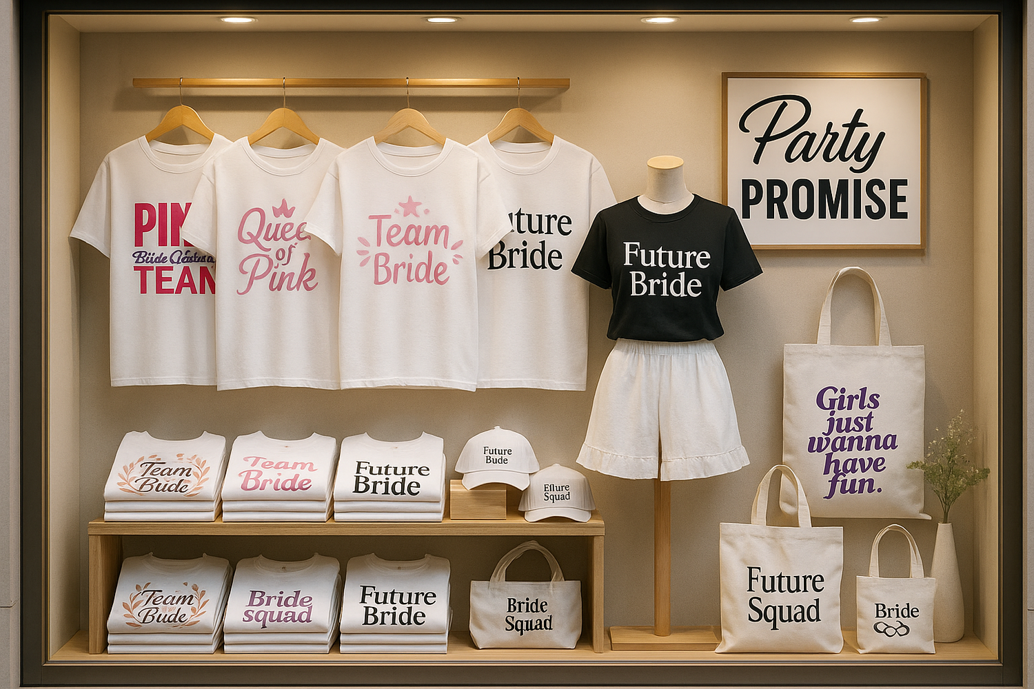Vitrine de vetement representants les vetements de la collection bride and team bride de party promise