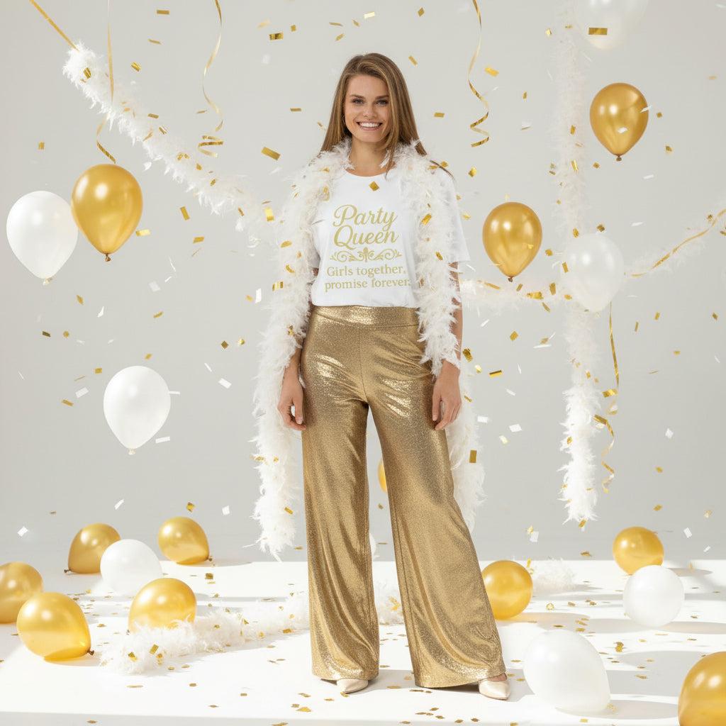 femme representant la collection Party Queen, girls together, ahillé de blanc et or